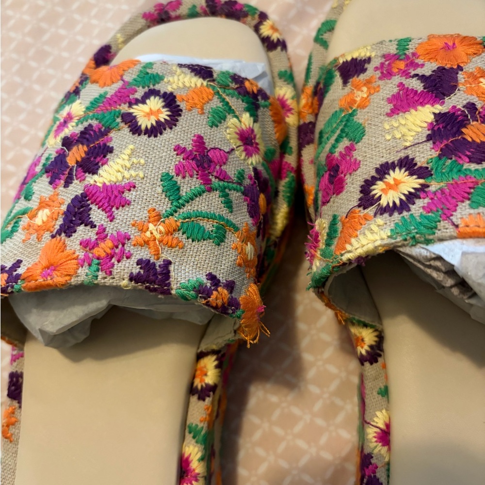 SO Embroidered Floral Slide Sandals in Purple, Pink, Orange, Green, Gold